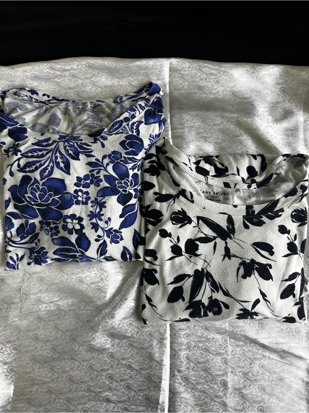 Lane Bryant Blue & White and Black & White Floral Knit Top Lot 2
